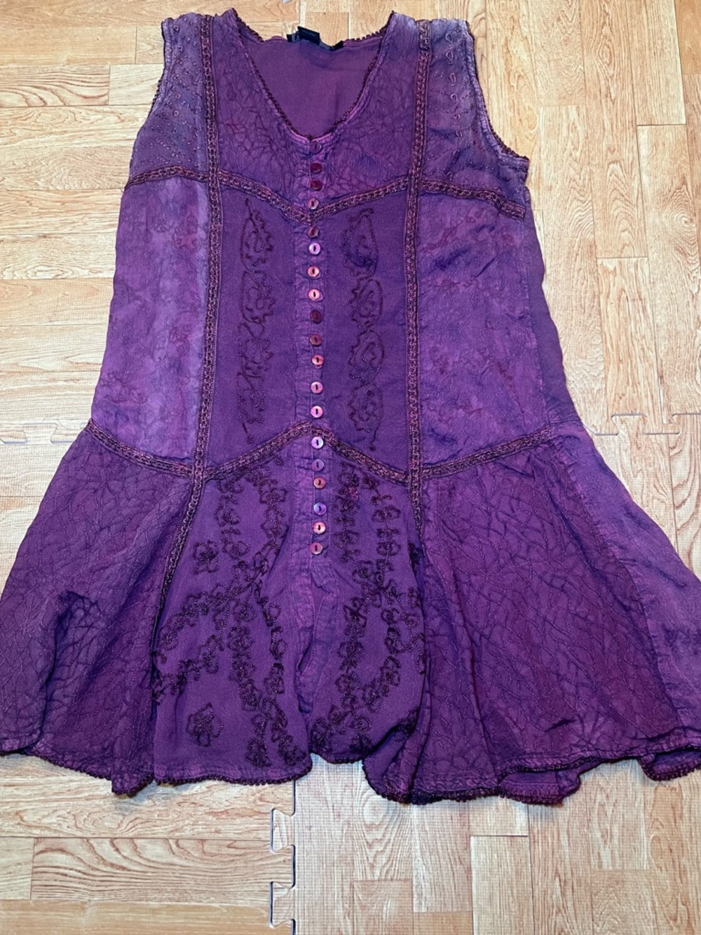 Flower Purple Boho Tunic Top L Embroidered Button Front Flowy Rayon - Picture 3 of 7